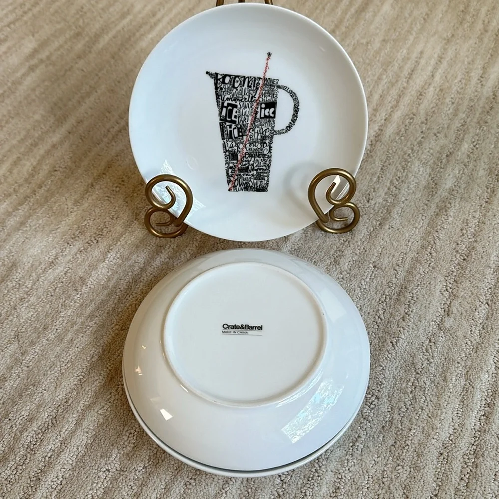 Set of 4 Crate Barrel Appetizer Plates Drinks Shake Sip Stir Chill